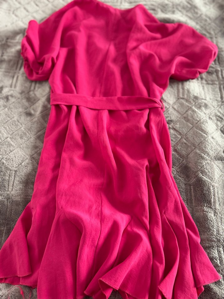 Pembe V Yaka Uzun Keten Elbise - Görsel 3