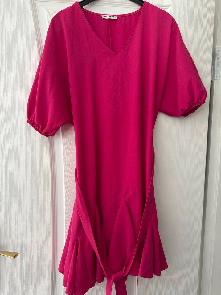 Pembe V Yaka Uzun Keten Elbise - Görsel 2