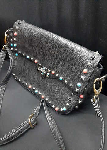 Renkli Nakışlı Siyah Deri Rock Punk Çanta - Görsel 3
