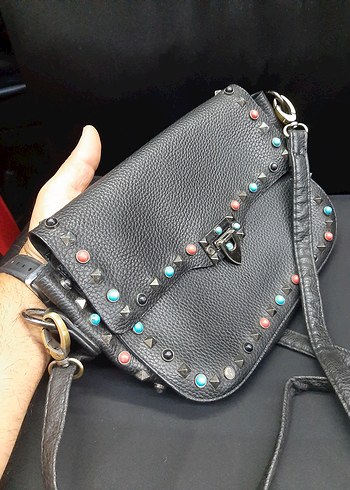 Renkli Nakışlı Siyah Deri Rock Punk Çanta - Görsel 5