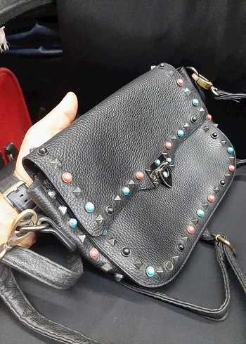 Renkli Nakışlı Siyah Deri Rock Punk Çanta - Görsel 2