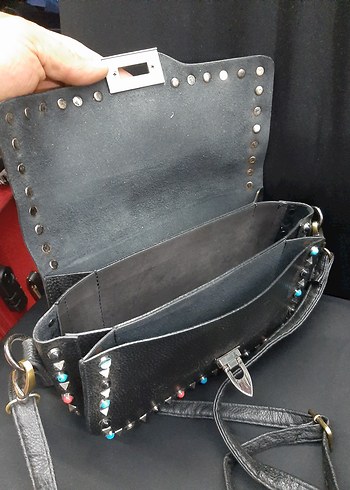 Renkli Nakışlı Siyah Deri Rock Punk Çanta - Görsel 4