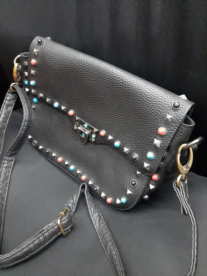 Renkli Nakışlı Siyah Deri Rock Punk Çanta - Görsel 3