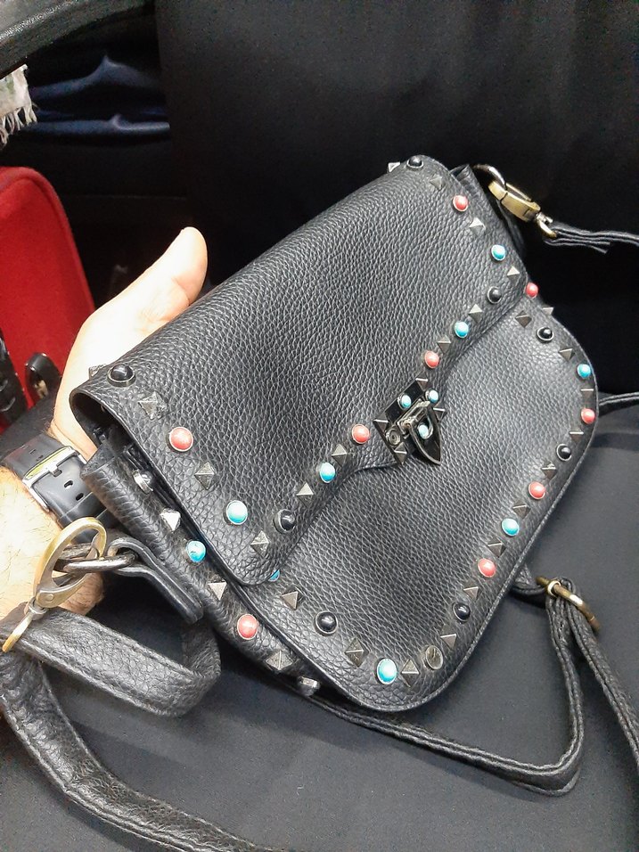 Renkli Nakışlı Siyah Deri Rock Punk Çanta - Görsel 2