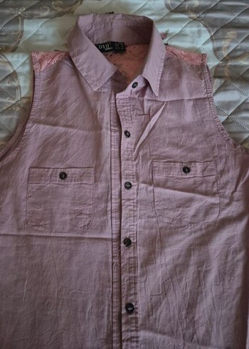 Pembe Tül Detaylı Düğmeli Kolsuz Gömlek - Görsel 2