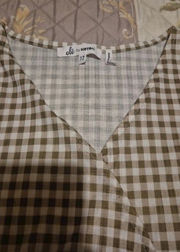 V yaka kısa kollu bağlamalı ekose bluz - Görsel 2