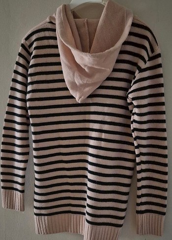 Çizgili Kapüşonlu Uzun Triko Kadın Kazak - Görsel 4