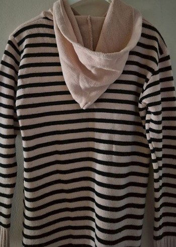 Çizgili Kapüşonlu Uzun Triko Kadın Kazak - Görsel 3