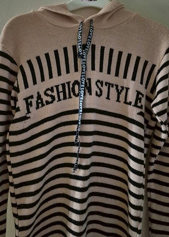 Çizgili Kapüşonlu Uzun Triko Kadın Kazak - Görsel 2