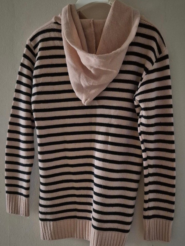 Çizgili Kapüşonlu Uzun Triko Kadın Kazak - Görsel 4