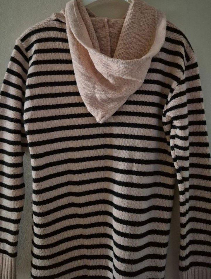 Çizgili Kapüşonlu Uzun Triko Kadın Kazak - Görsel 3