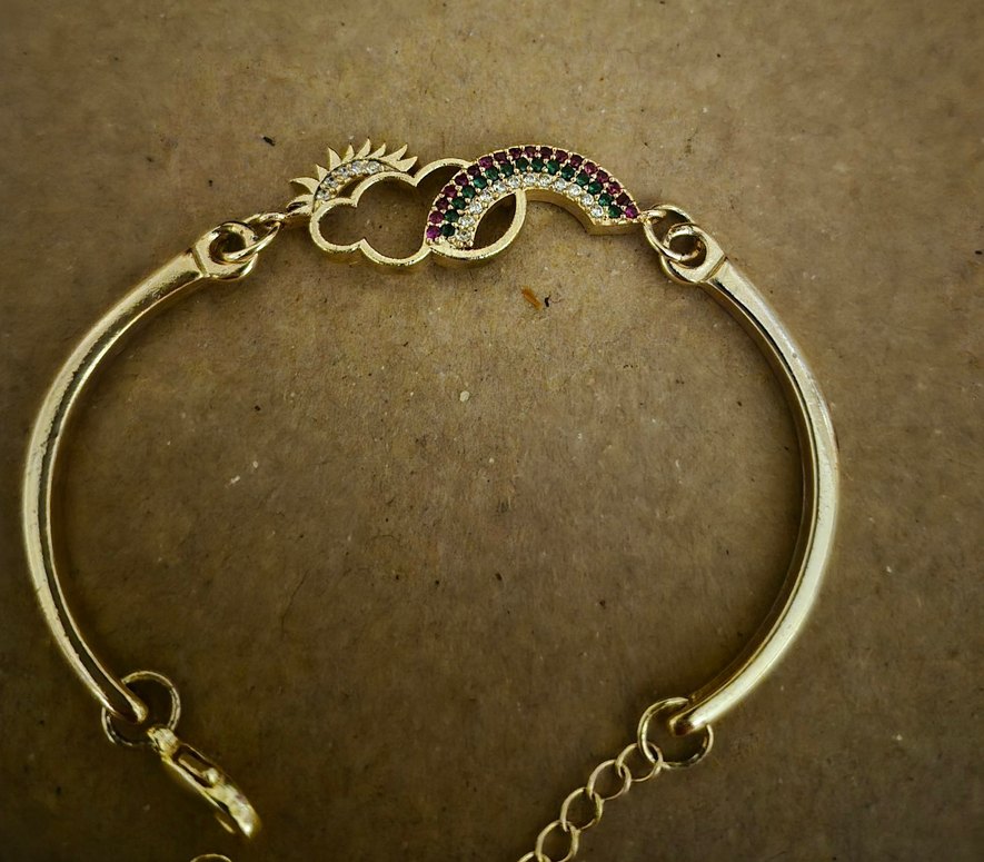 Renkli Taşlı Zincir Detaylı Altın Rengi Bileklik - Görsel 3