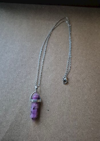 Doğaltaş Kunzit Taşı Mor Gri Zincirli Bohem Midi Kolye - Görsel 3
