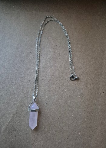 Doğaltaş Gül Kuvars Gri Zincir Detaylı Bohem Kadın Kolye - Görsel 3