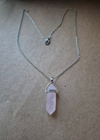 Doğaltaş Gül Kuvars Gri Zincir Detaylı Bohem Kadın Kolye - Görsel 2