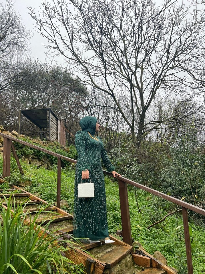 Uzun Yeşil Bohem Kadın Abiye Elbise - Görsel 2