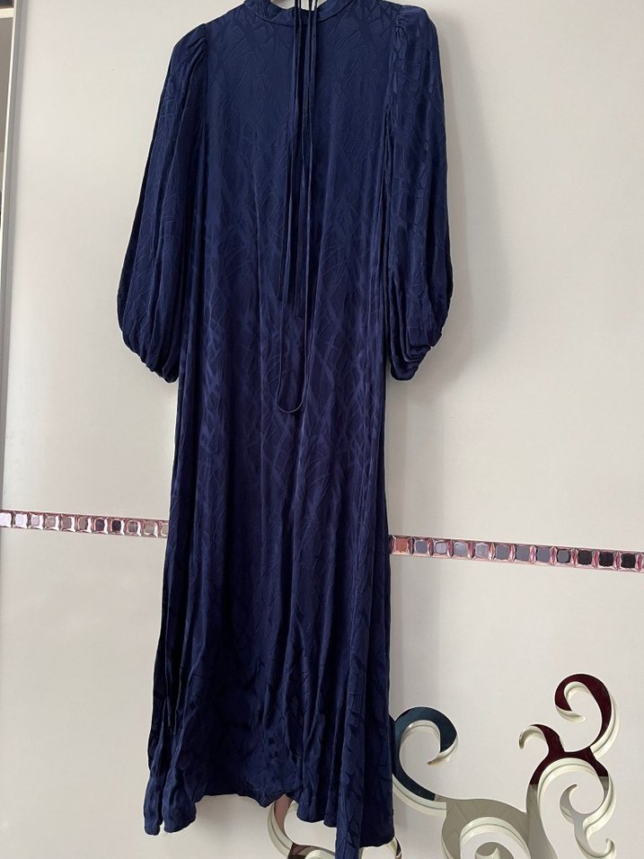 Uzun lacivert Bağlamalı Yüksek Yakalı Kadın Elbise - Görsel 3