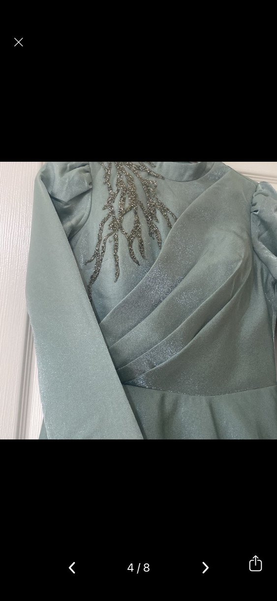 Gri İşlemeli Uzun Kollu Uzun Abiye Elbise - Görsel 2