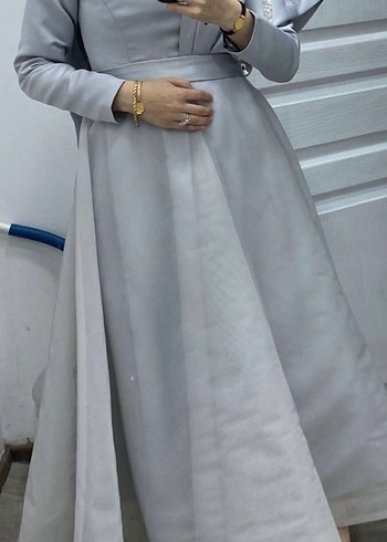 Gri Uzun Kollu Tesettür Abiye Elbise - Görsel 6