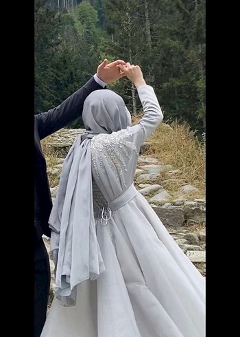 Gri Uzun Kollu Tesettür Abiye Elbise - Görsel 4