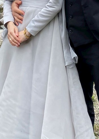 Gri Uzun Kollu Tesettür Abiye Elbise - Görsel 2