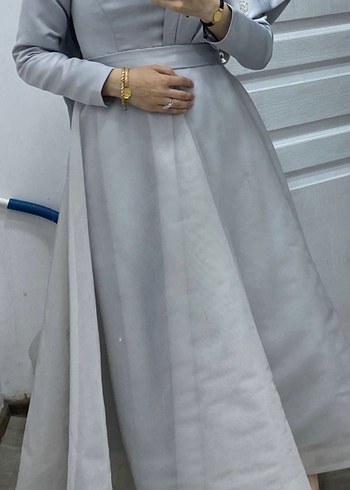 Gri Uzun Kollu Tesettür Abiye Elbise - Görsel 5