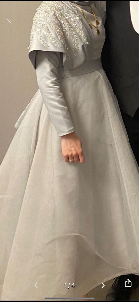 Gri Uzun Kollu Tesettür Abiye Elbise - Görsel 3