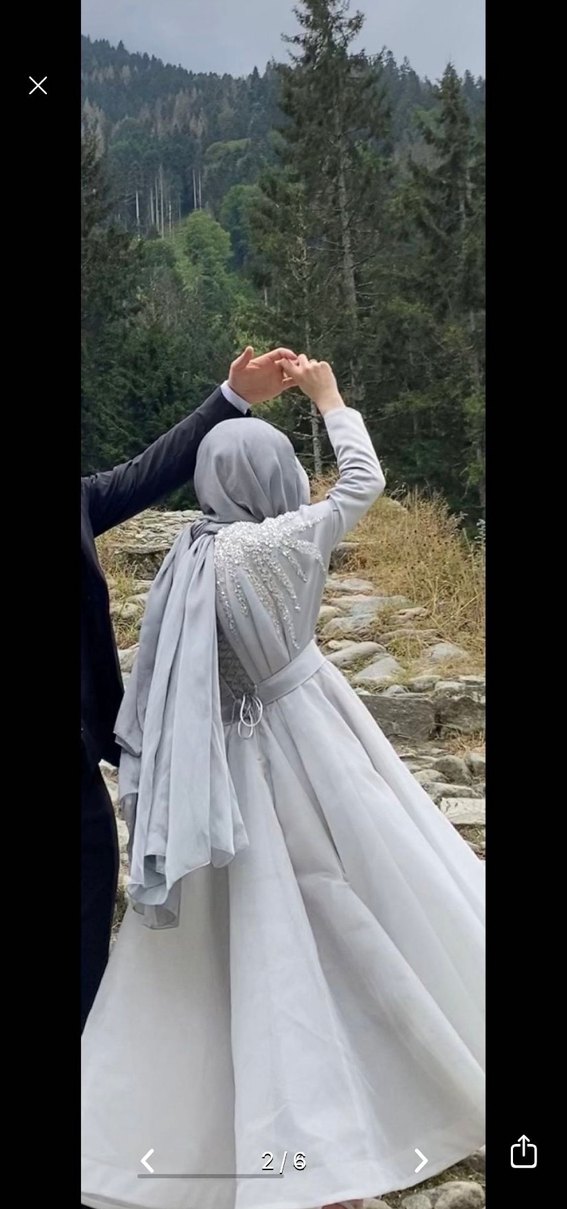 Gri Uzun Kollu Tesettür Abiye Elbise - Görsel 4