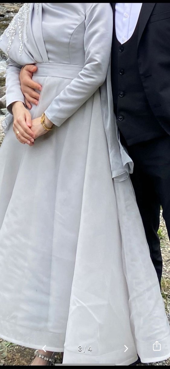 Gri Uzun Kollu Tesettür Abiye Elbise - Görsel 2