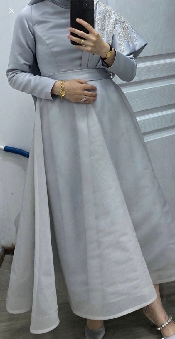 Gri Uzun Kollu Tesettür Abiye Elbise - Görsel 5