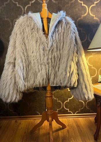 Bej Kısa Çift Taraflı Kadın Ceket, Kürklü Yaka, Salaş - Görsel 4