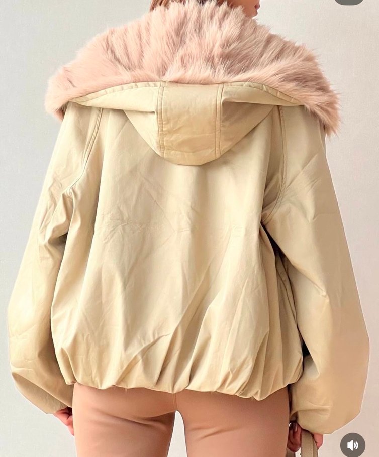 Bej Kısa  Çift Taraflı Kadın Ceket, Kürklü Yaka, Salaş - Görsel 3