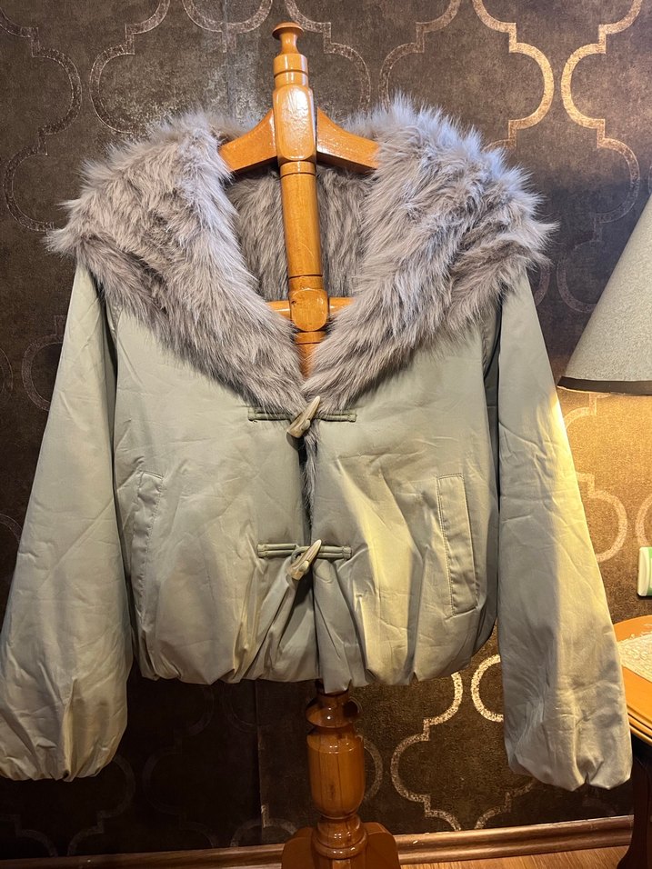 Bej Kısa  Çift Taraflı Kadın Ceket, Kürklü Yaka, Salaş - Görsel 5