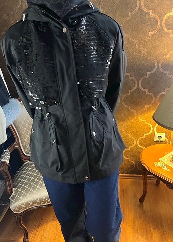 Kapüşonlu Uzun siyah payetli Kadın Ceket - Görsel 4