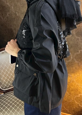 Kapüşonlu Uzun siyah payetli Kadın Ceket - Görsel 5