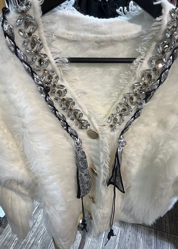 Beyaz be Siyah Fular detaylı Uzun Kollu Bohem Hırka - Görsel 3