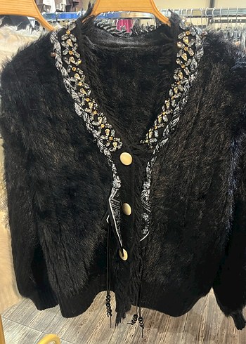 Beyaz be Siyah Fular detaylı Uzun Kollu Bohem Hırka - Görsel 4