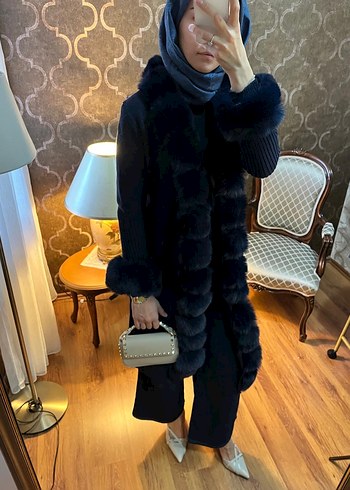 Koyu Mavi Kürklü Uzun angora Kadın hırka - Görsel 5