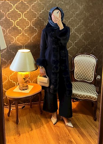 Koyu Mavi Kürklü Uzun angora Kadın hırka - Görsel 4