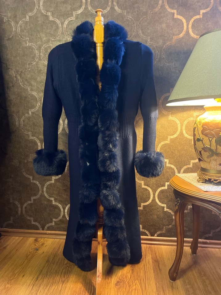 Koyu Mavi Kürklü Uzun angora Kadın hırka - Görsel 3