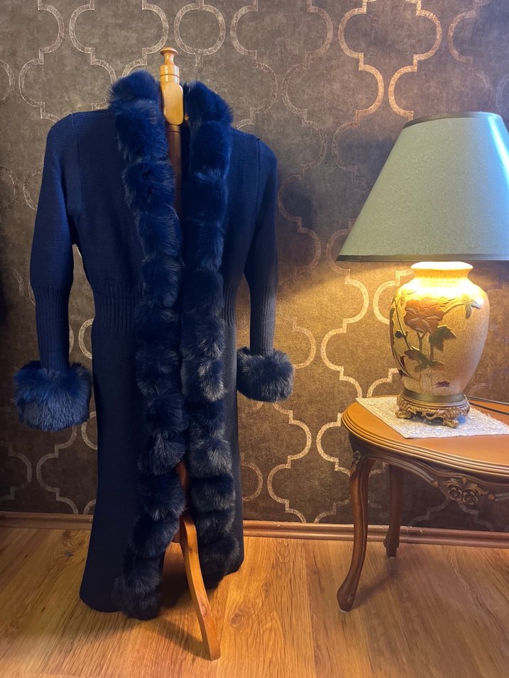 Koyu Mavi Kürklü Uzun angora Kadın hırka - Görsel 2