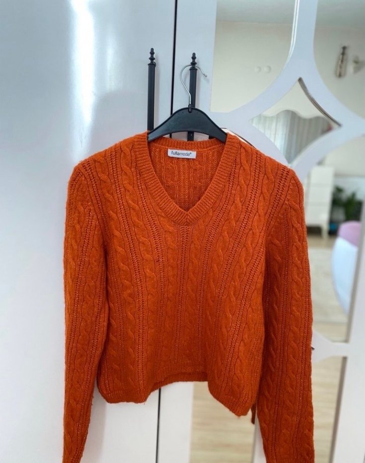 Örgü V Yaka Bohem Kadın Kazak - Görsel 2