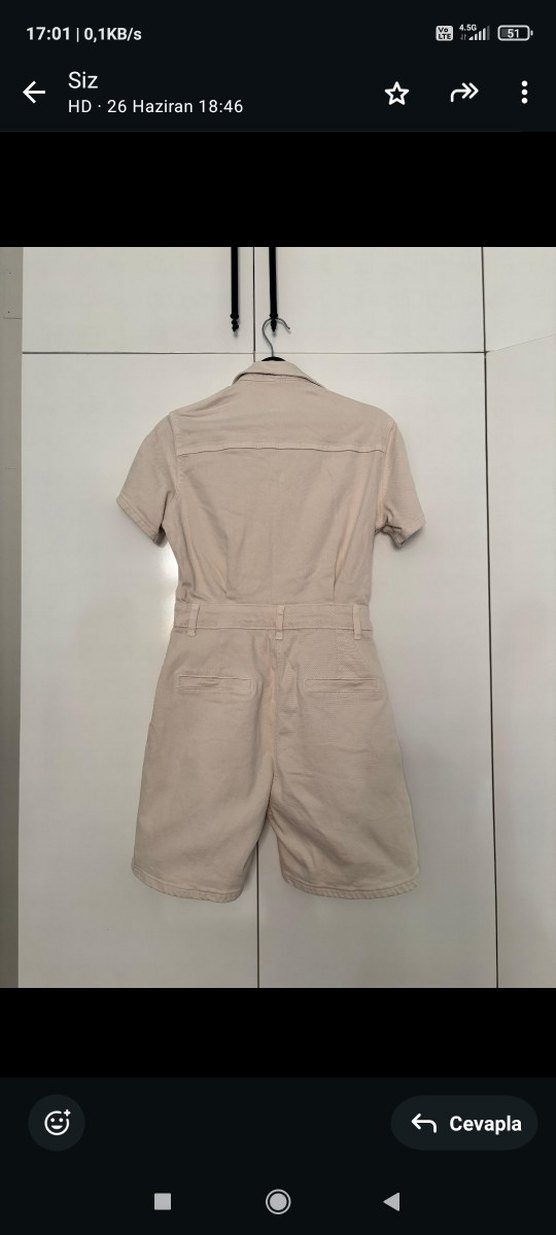 Bej Kısa Kollu Keten Tulum - Görsel 2