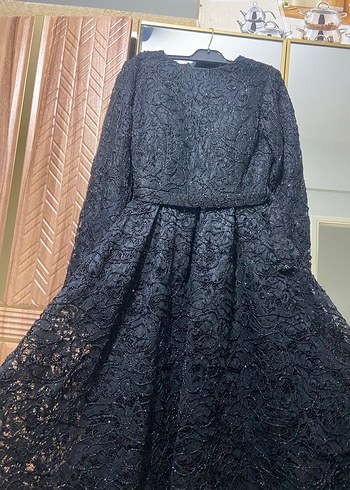 Siyah Uzun Kemerli Dantel Abiye - Görsel 2