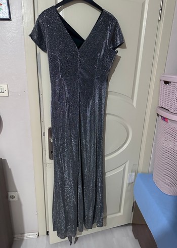 Gri Uzun Drapeli V Yakalı Abiye Elbise - Görsel 3