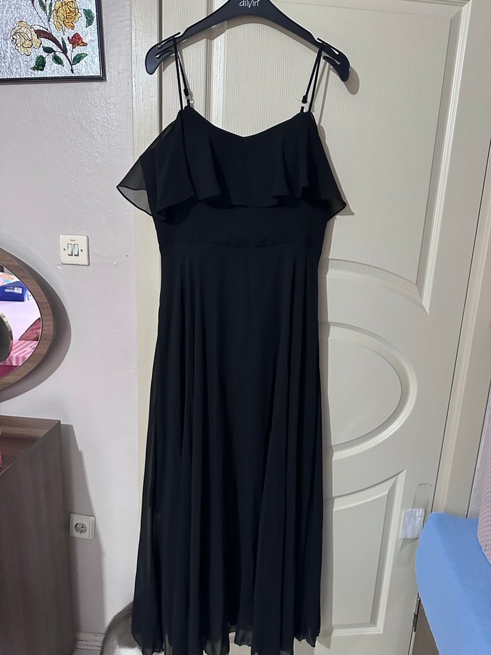 Siyah Straplez Uzun Drapeli Elbise - Görsel 2