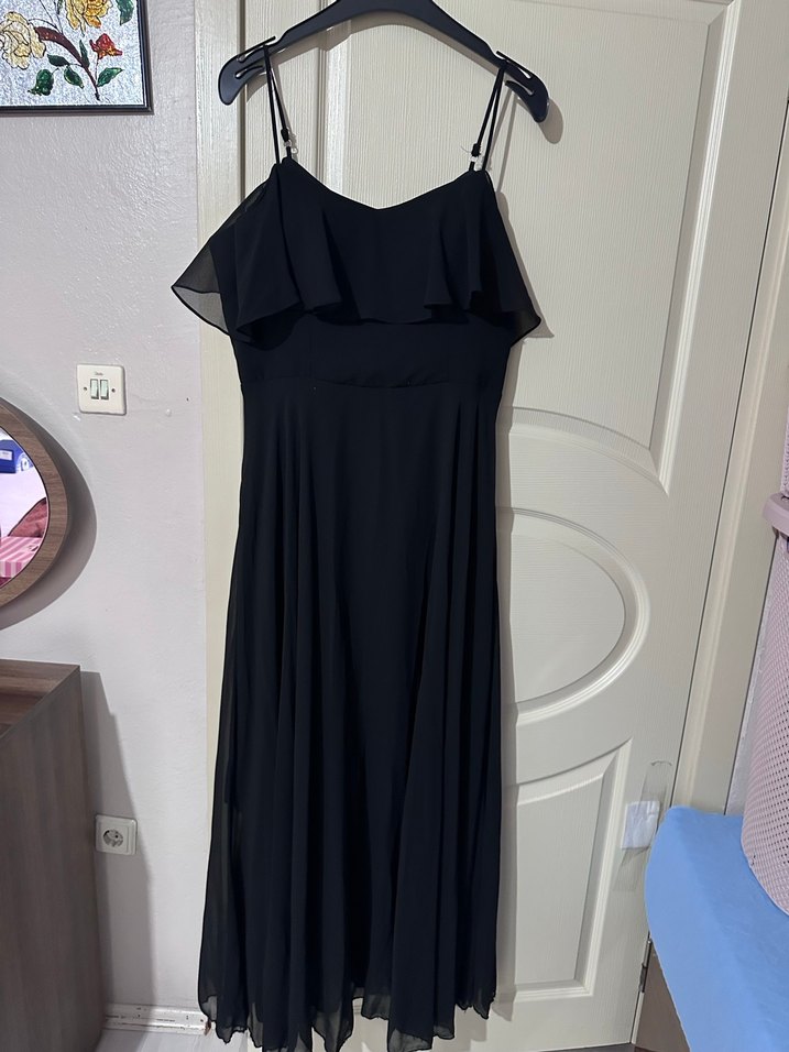 Siyah Straplez Uzun Drapeli Elbise - Görsel 3