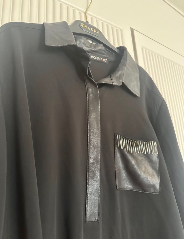 Modebravo Deri Detaylı Siyah Uzun Kollu Gömlek - Görsel 2