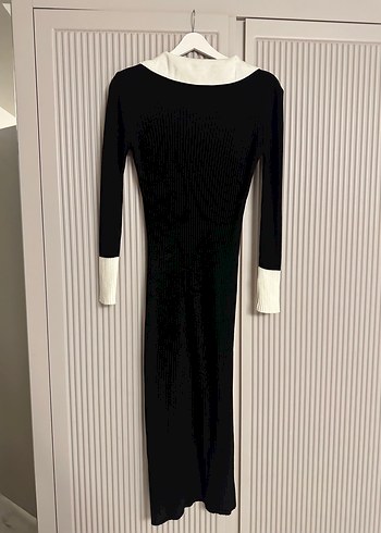 Siyah V Yaka Triko Ofis Elbisesi - Görsel 4