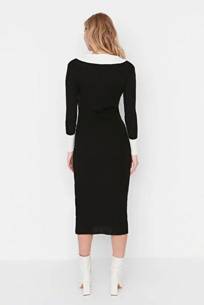 Siyah V Yaka Triko Ofis Elbisesi - Görsel 2